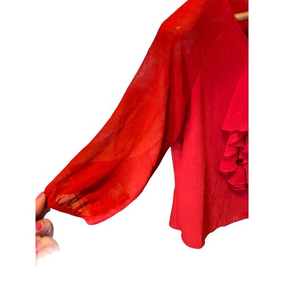 American Glamour Badgley Mischka Red Romantic Ruffle Puff Sleeve Top Sz S - Picture 5 of 8